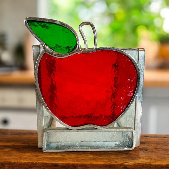 VINTAGE Red & Green Apple Glass Metal Candle Pencil Holder Teacher Office Gift - Picture 1 of 5